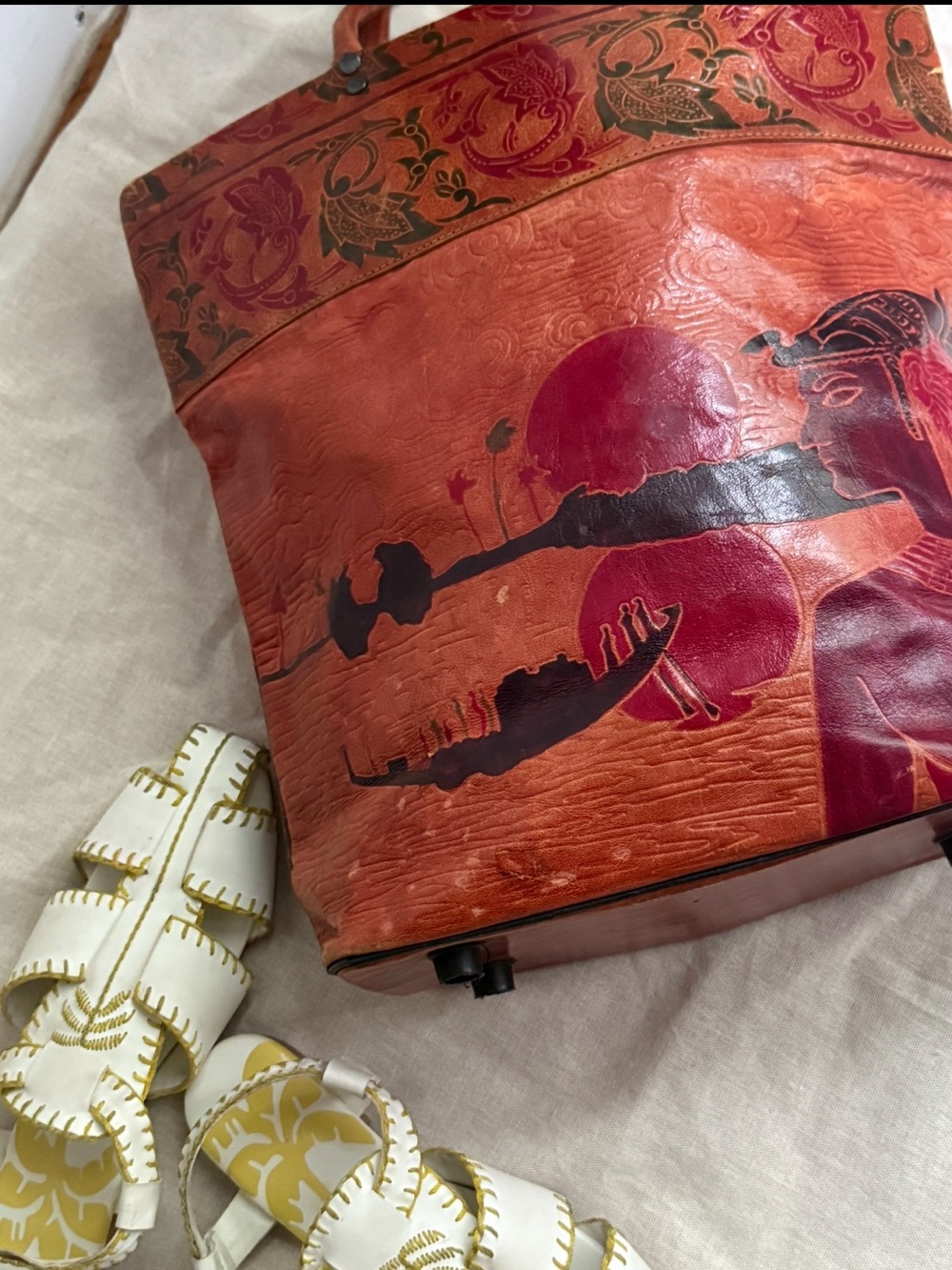 Vintage Hand Painted Leather Art Tote Bag Indian Folk Art Leather Carryall